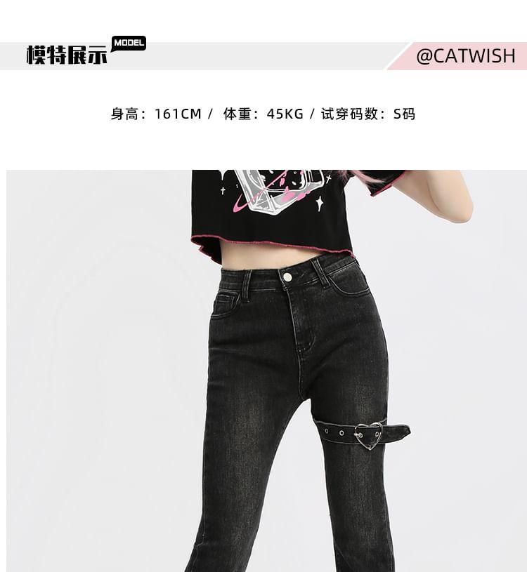 Low Rise Heart Buckled Washed Frayed Slit Flared Jeans Product Image