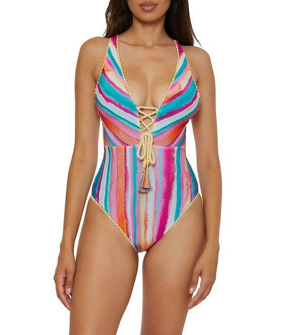 Lucky Brand Porto Covo Water Color Placement Print Plunge One Piece Swimsuit Product Image