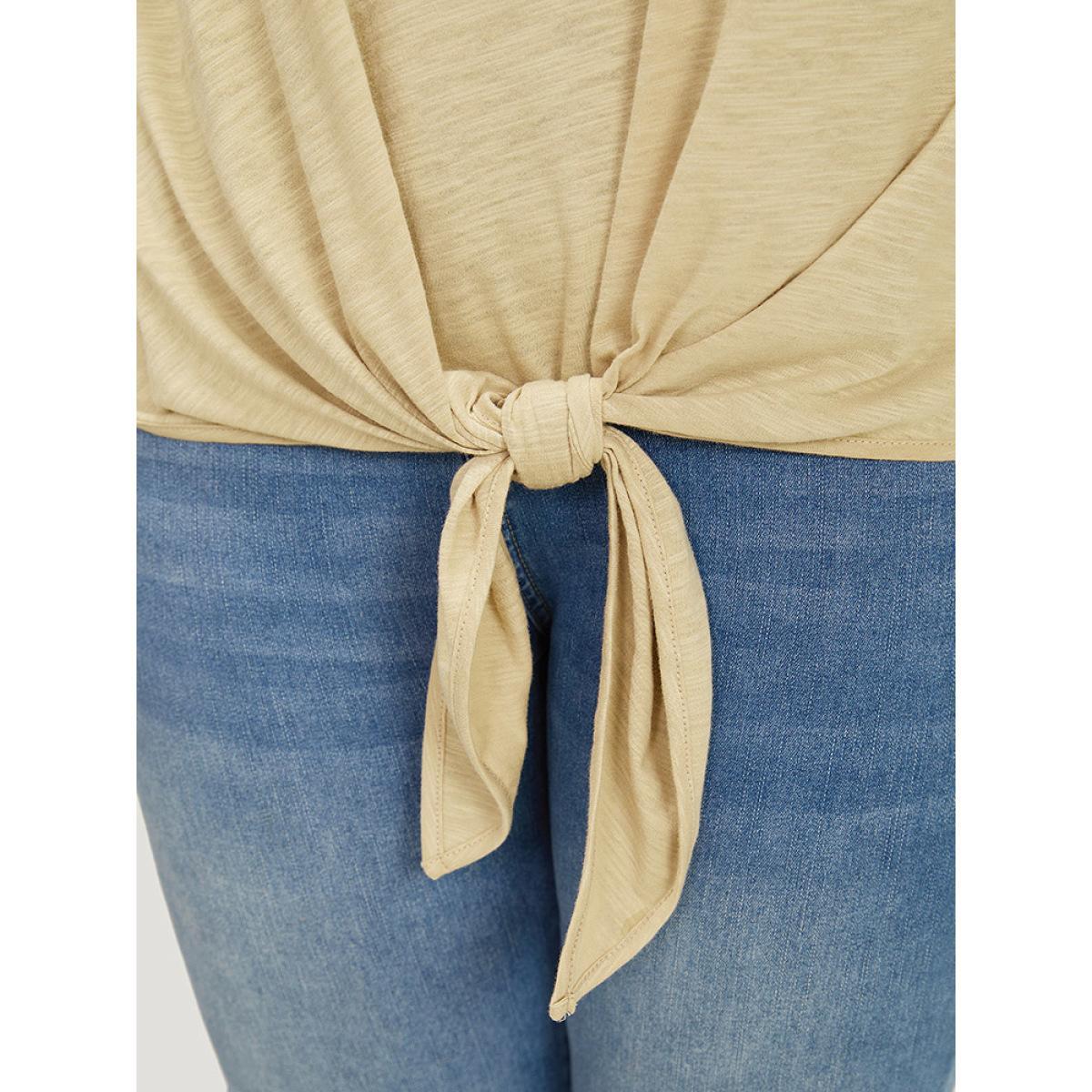 Plus Size Striped Patchwork Knotted Hem Heather T-shirt LightBrown Women Casual Heather Striped Round Neck Dailywear T-shirts BloomChic 28/5X Product Image