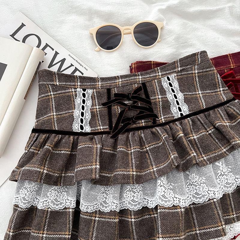 High Rise Plaid Mini Tiered Skirt Product Image
