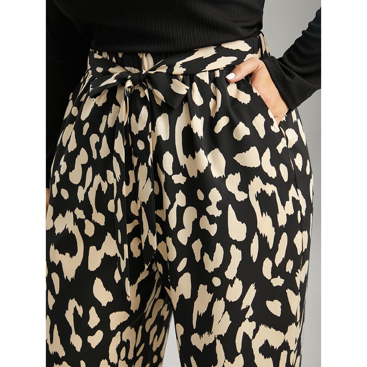 Plus Size Leopard Elastic Waist Ties Wide Leg Pants Women Black Casual Wide Leg High Rise Dailywear Pants BloomChic 26/4X Product Image
