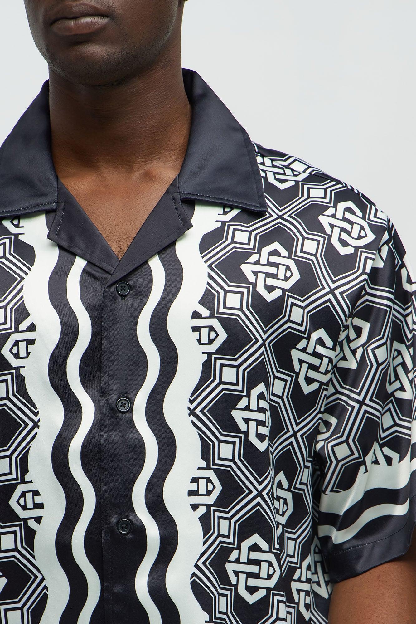 Geometric Wavy Border Cuban Collar Button Up Shirt - Black/combo Product Image