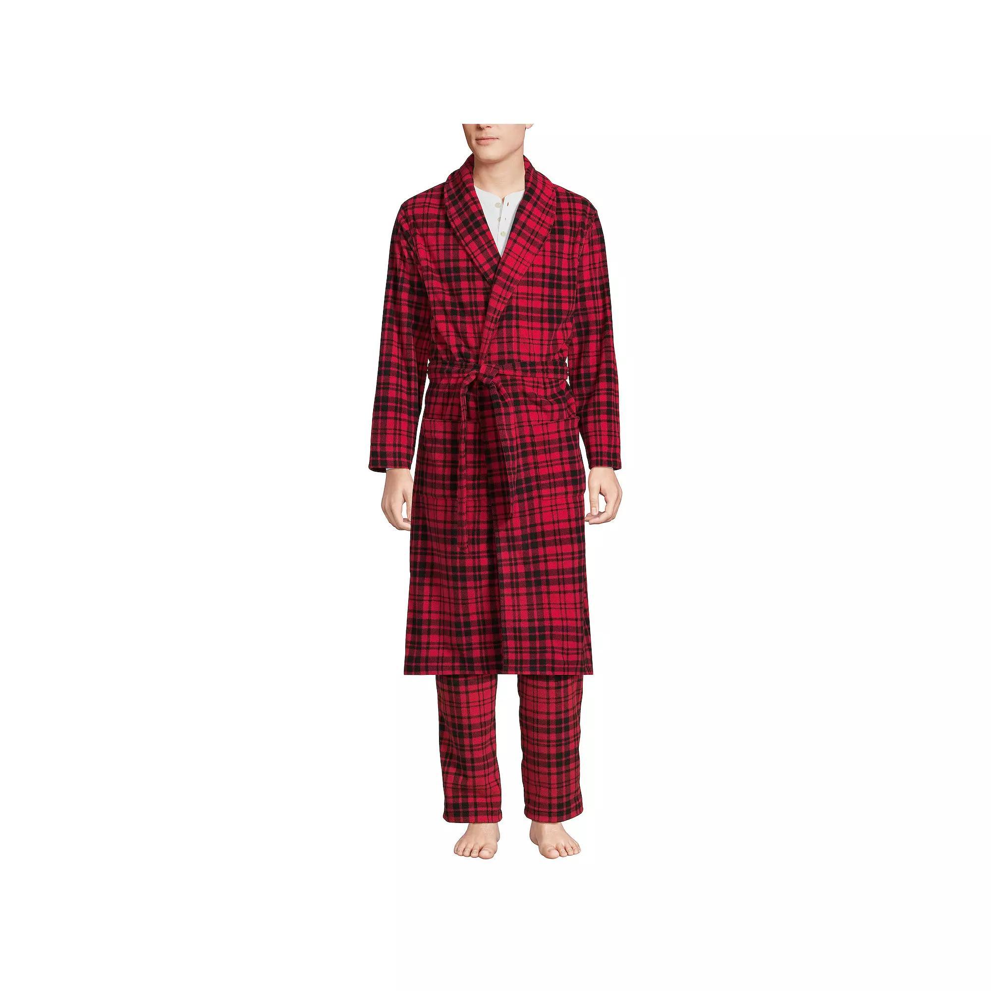 Men's Lands' End Fleece Robe, Size: Medium, Black Rich Red Plaid Product Image