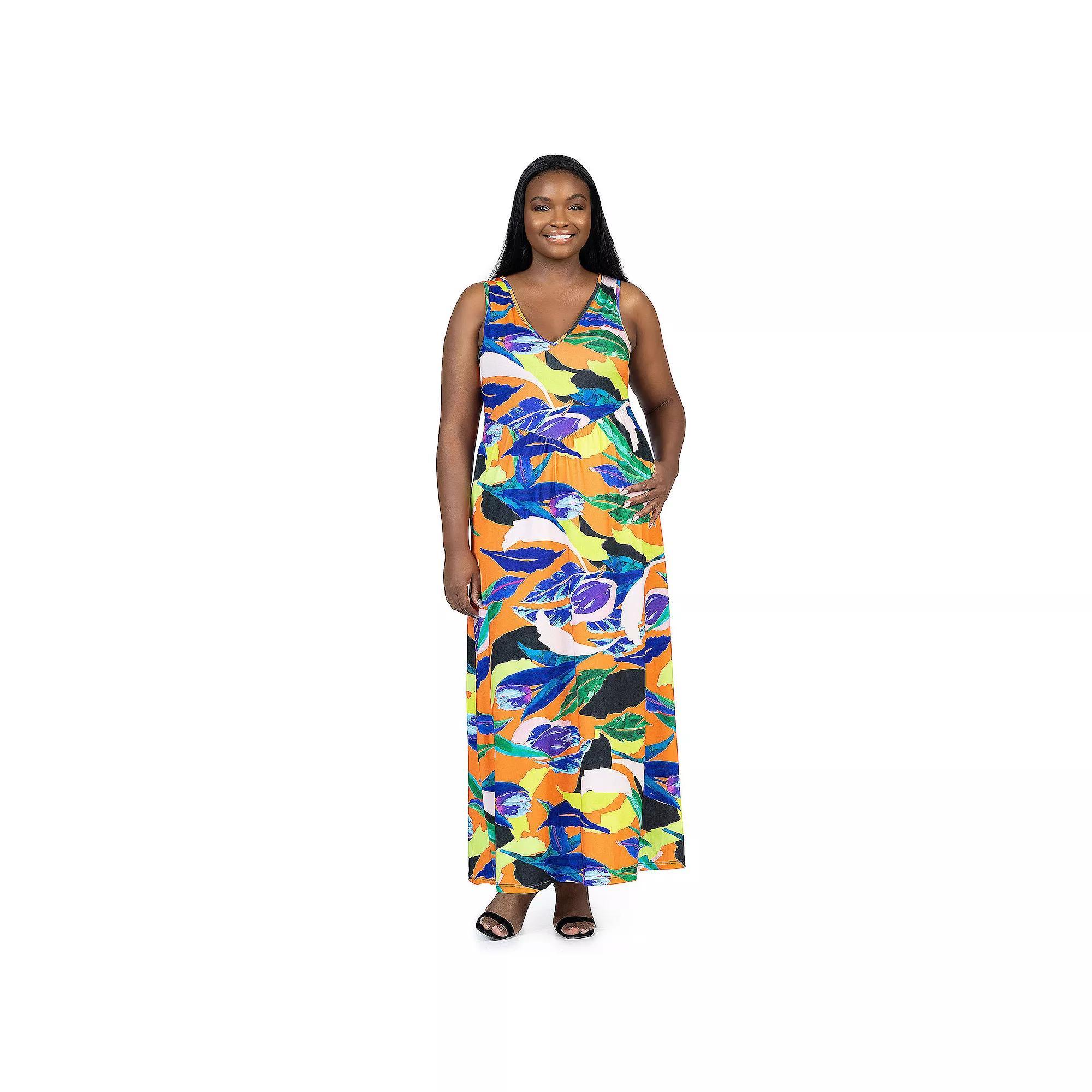Plus Size 24Seven Comfort Apparel Multicolor Sleeveless V Neck Maxi Dress With Pockets, Womens Product Image