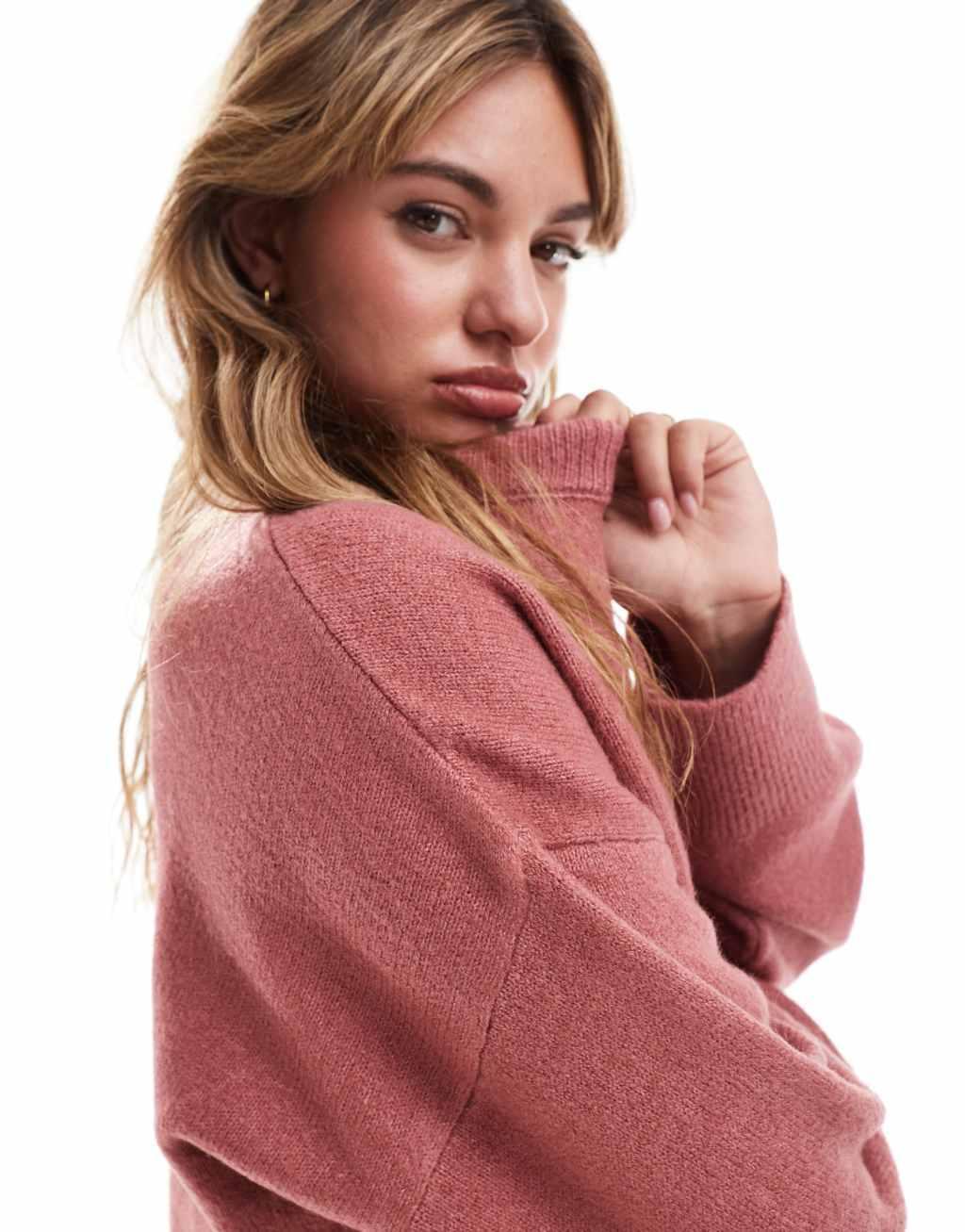 ASOS DESIGN knitted crew neck boxy sweater in pink Product Image