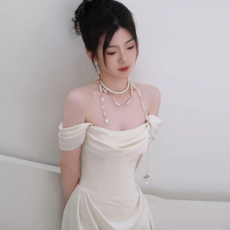 Off Shoulder Plain Ruched Satin A-Line Wedding Gown Product Image
