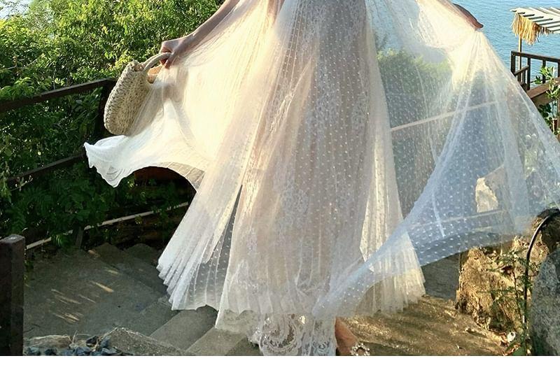 Sleeveless Stand Collar Plain Accordion Pleated Mesh Maxi A-Line Dress Product Image