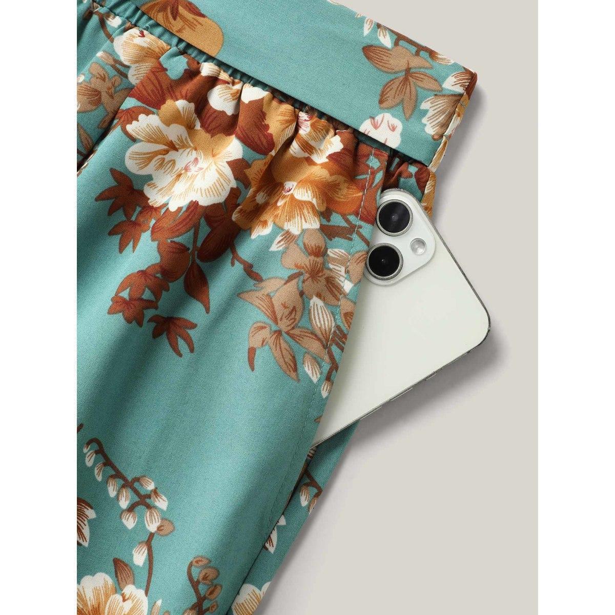 Plus Size Sweet Floral Print Belted Wide-Leg Pants Women Emerald Formal Wide Leg Mid Rise Party Pants BloomChic 30/6X Product Image