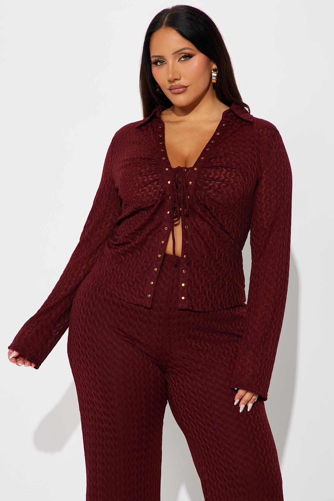 Taking It Back Textured Mesh Pant Set - Wine Product Image