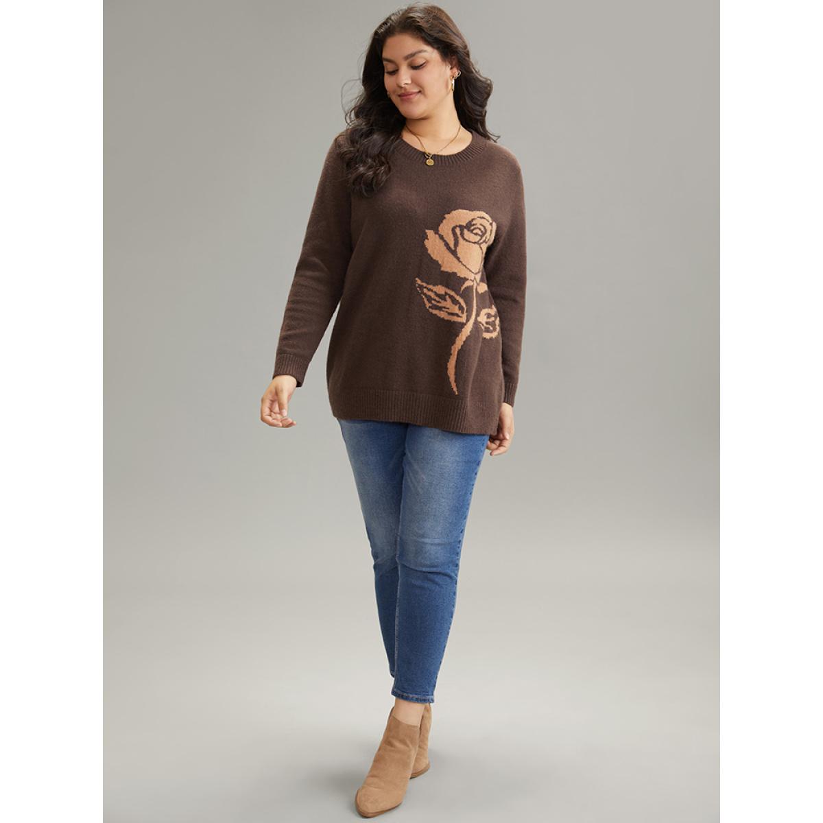 Plus Size Anti-Pilling Floral Graphic Crew Neck Pullover DarkBrown Women Casual Loose Long Sleeve Round Neck Dailywear Pullovers BloomChic 26/4X Product Image