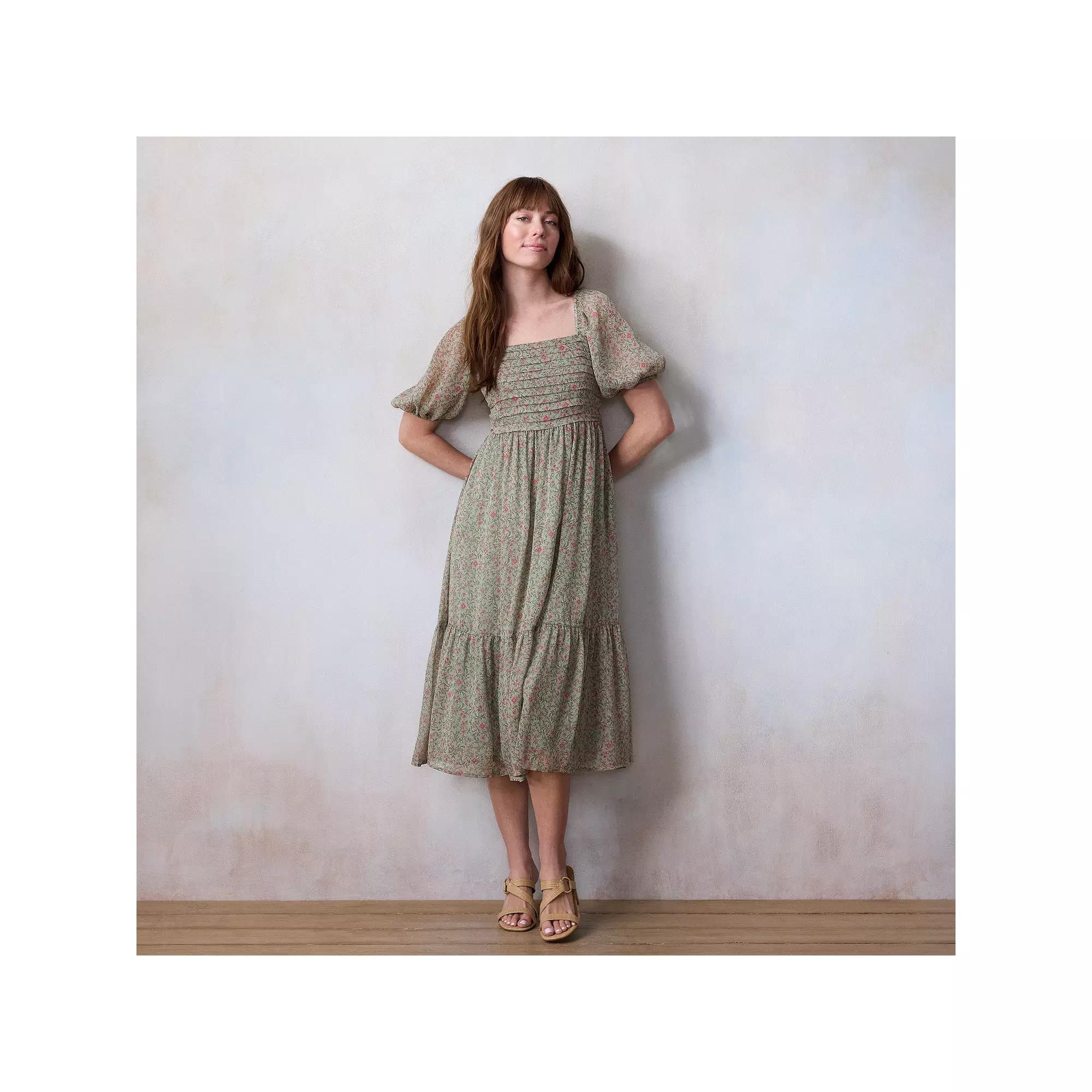 Women's LC Lauren Conrad Square Neck Pleated Bodice Midi Dress, Size: XS, Green Virginia Vines Product Image