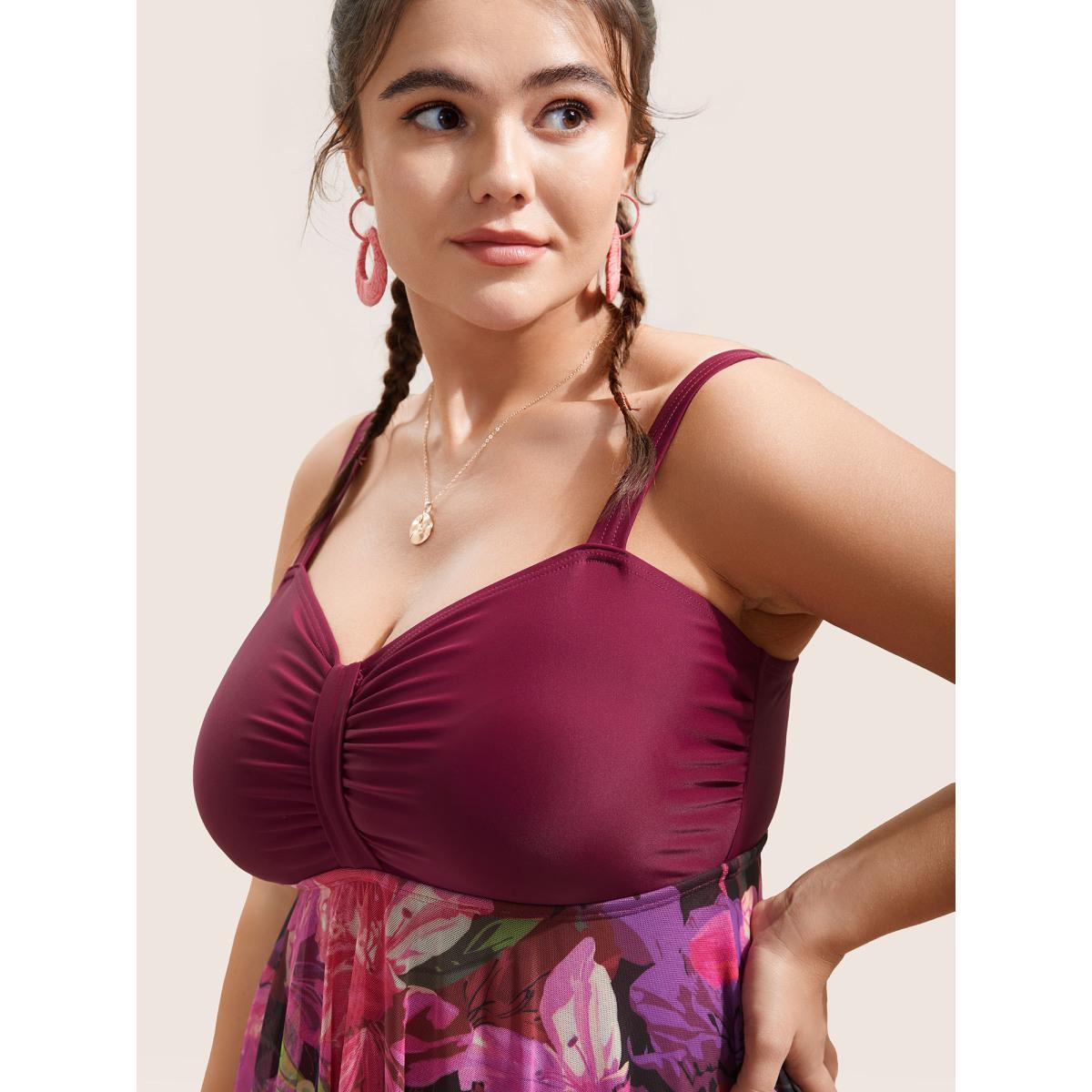 Plus Size Floral Patchwork Tummy Control Ruched Swim Dress Women's Swimwear RedViolet Beach Bodycon Heart neckline High stretch Curve Swim Dresses BloomChic 14-16/1X Product Image