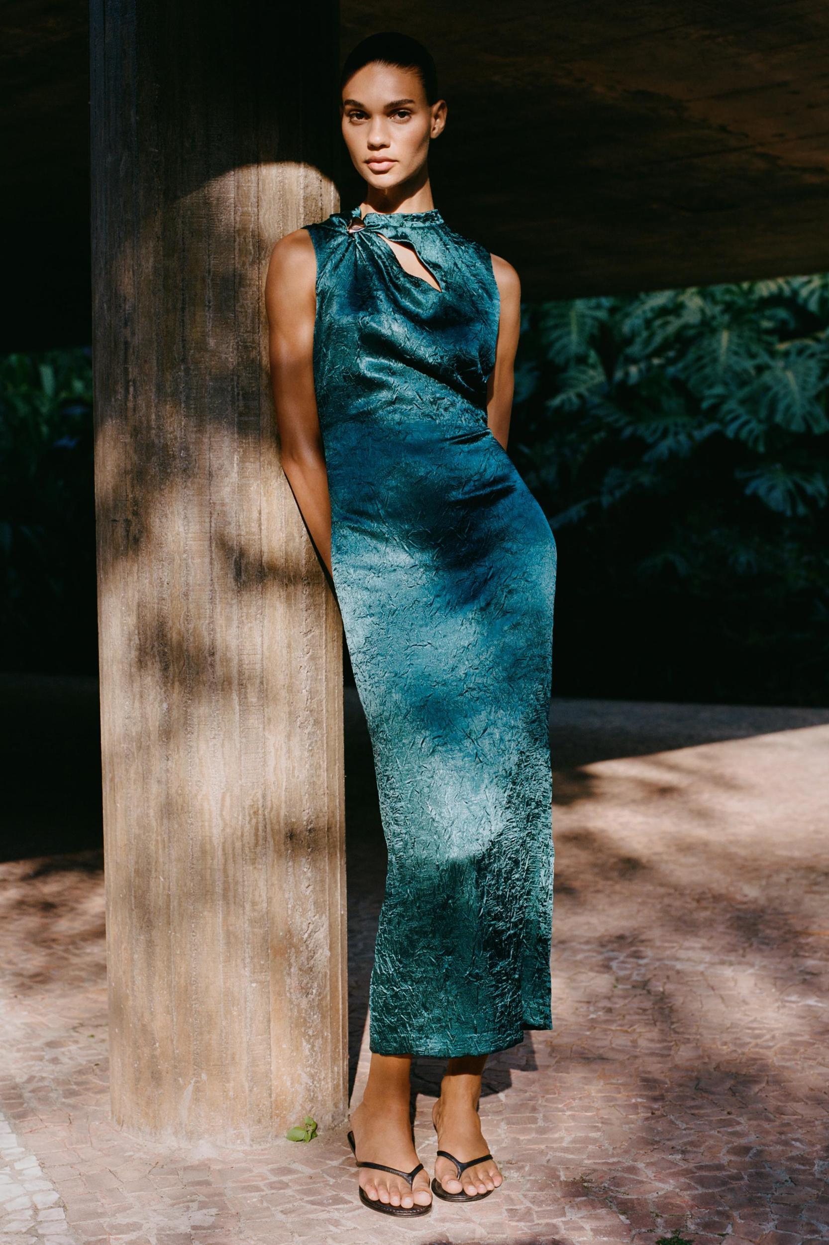 GOLD APPLIQUÉ SATIN MIDI DRESS Product Image