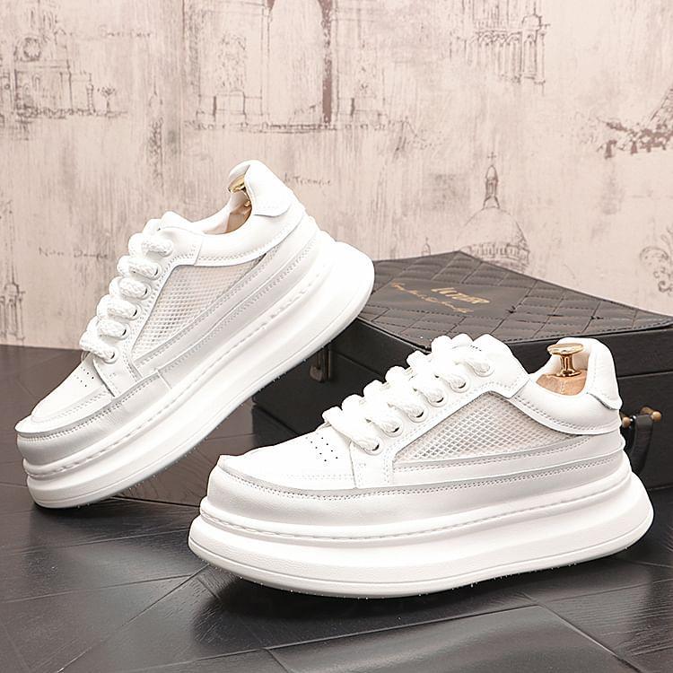 Hidden Wedge Mesh Panel Lace-Up Faux Leather Sneakers Product Image