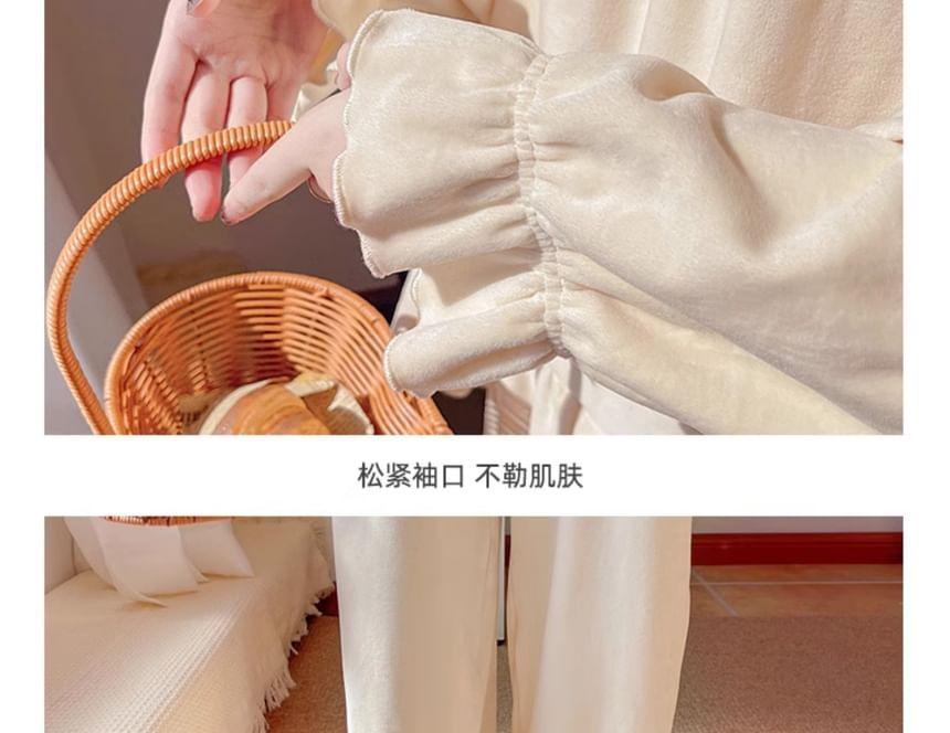 Pajama Set: Long Sleeve Square Neck Plain Ruffle Top + Straight Leg Pants Product Image