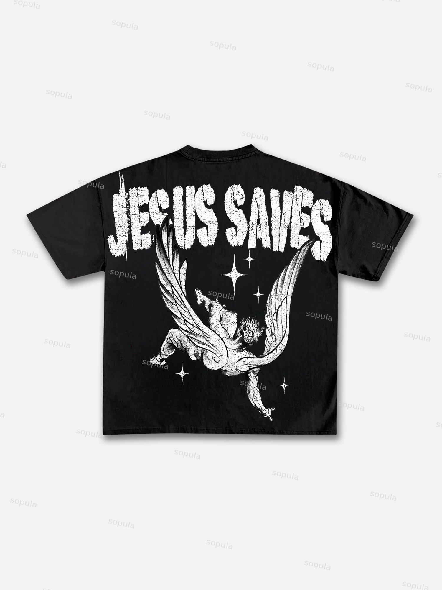 Jesus Saves Angels Print Cotton T-shirt Product Image