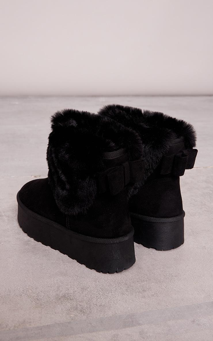 Black Faux Suede Contrast Faux Fur Bow Cleated Ankle Platform Boots Product Image
