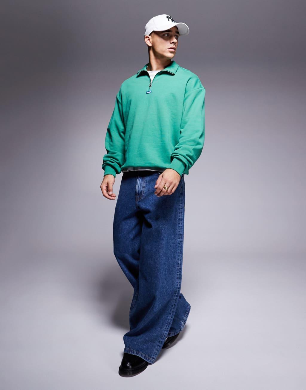 HUGO Blue neeler half zip sweatshirt in green Product Image