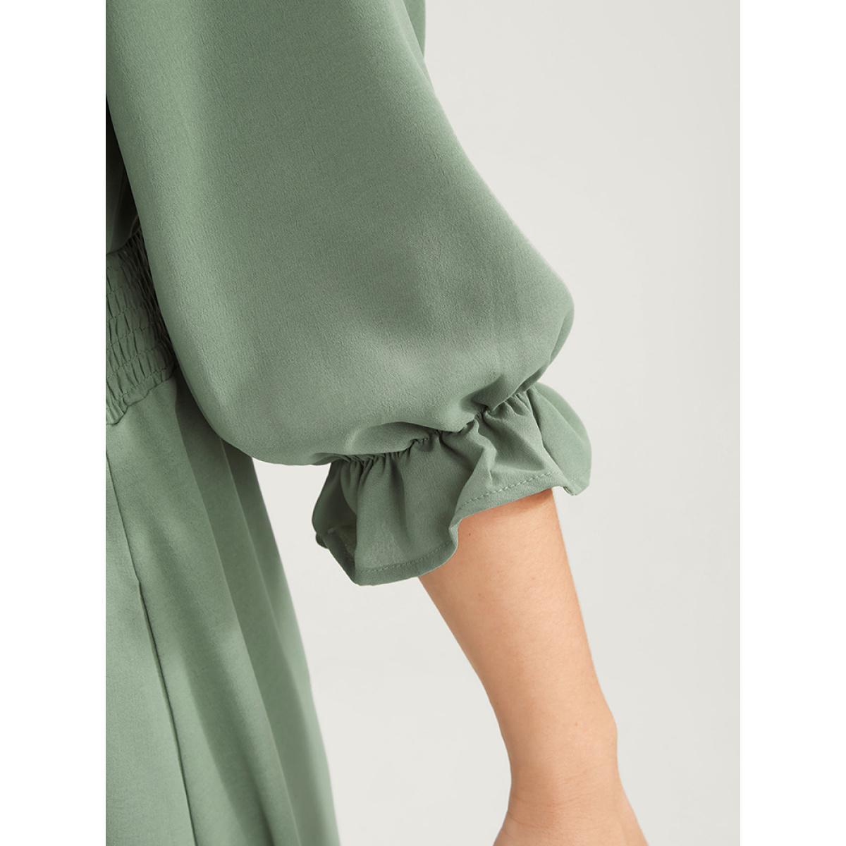 Plus Size Plain Lantern Sleeve Button Detail Pocket Shirred Ruffle Hem Dress Mint Women Elegant Patchwork V-neck Elbow-length sleeve Curvy Midi Dress BloomChic 10/M Product Image