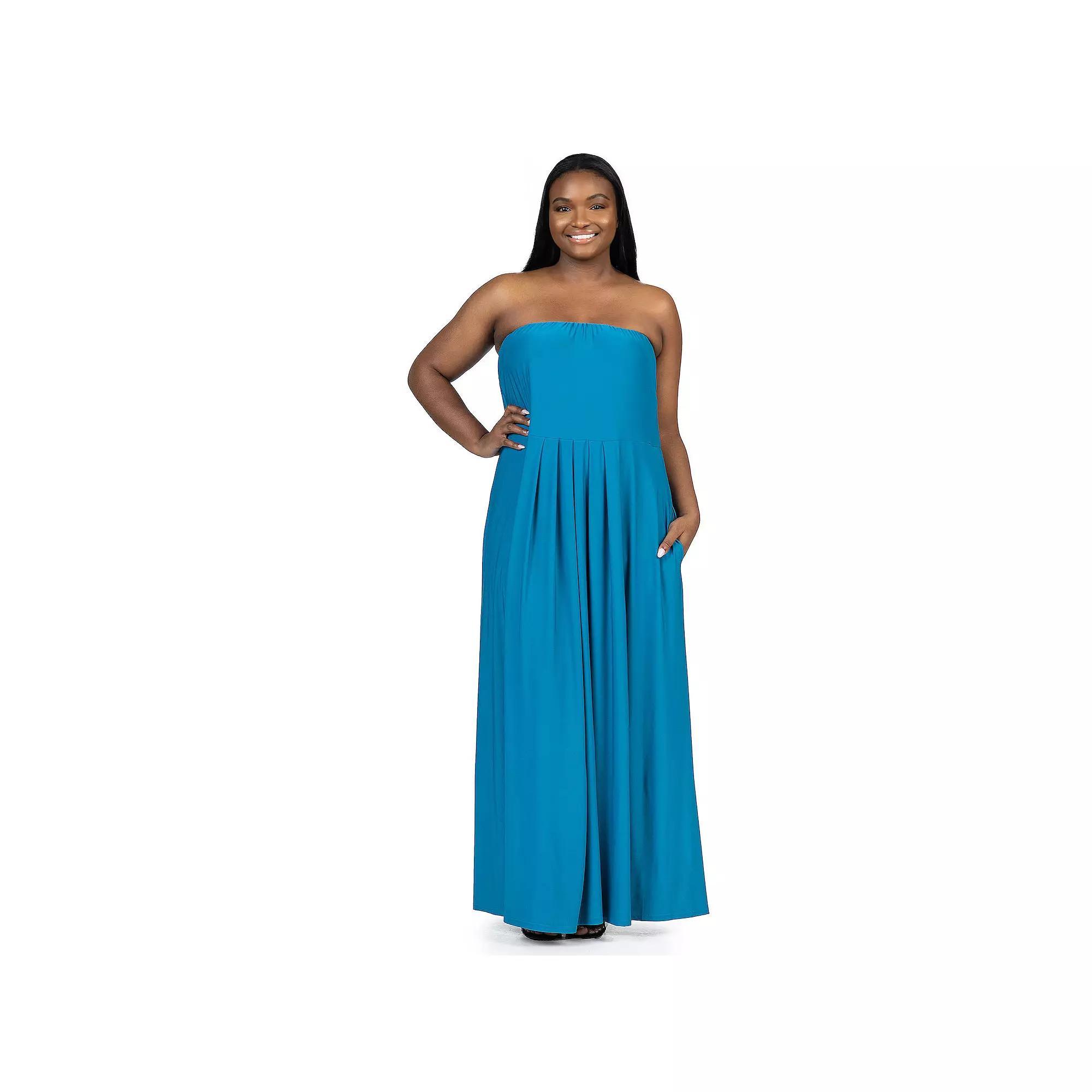 Plus Size 24Seven Comfort Apparel Pleated A Line Strapless Maxi Dress With Pockets, Women's, Size: 3XL, Green Product Image