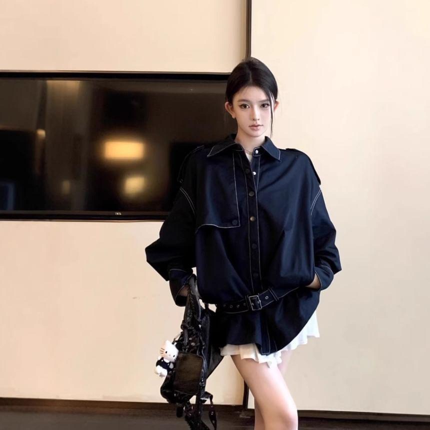Lapel Collared Plain Patchwork Loose Shirt / Long-Sleeve Crew Neck Plain Top / Mid Rise Mini Skirt / Set Product Image