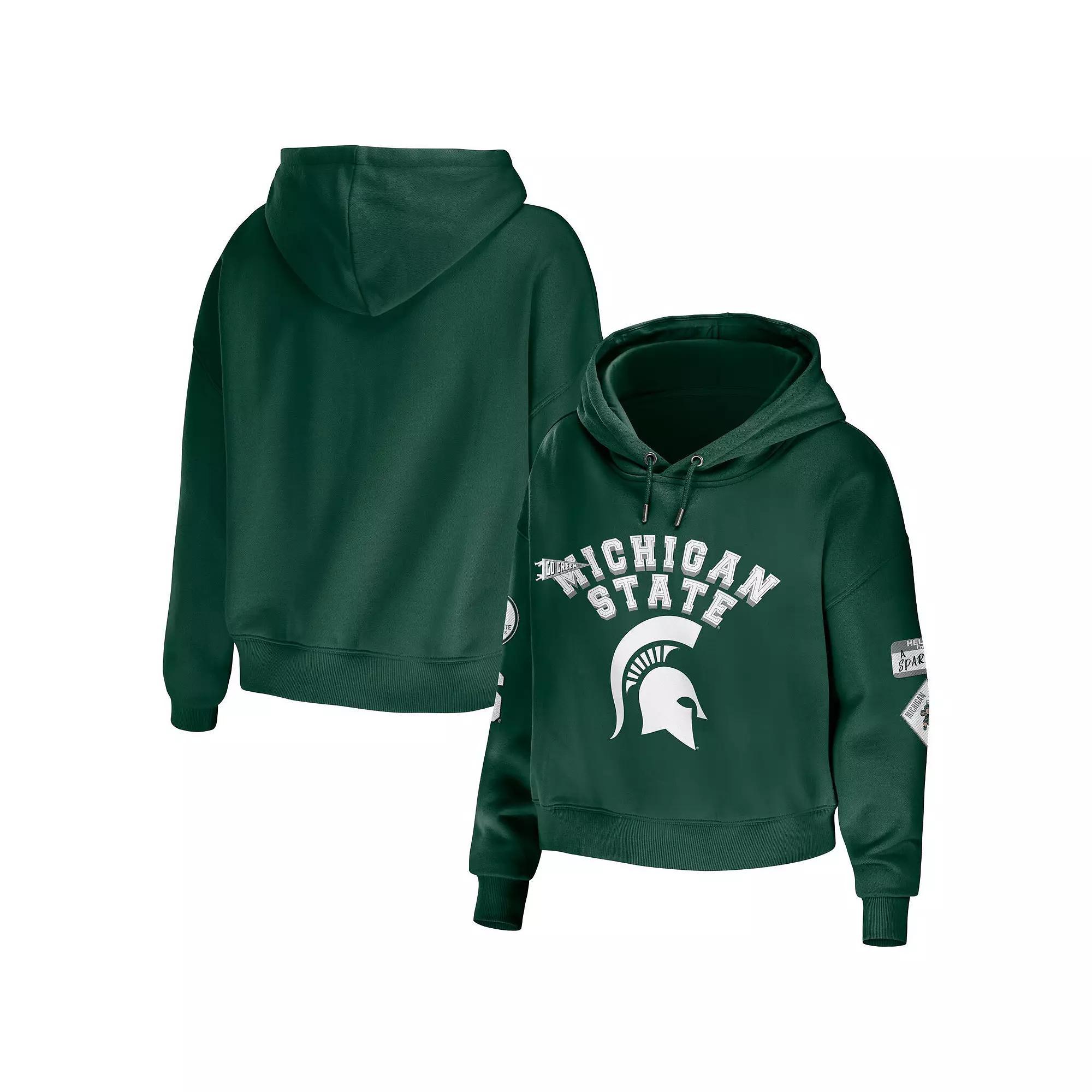 Women's WEAR by Erin Andrews Green Michigan State Spartans Mixed Media Cropped Pullover Hoodie, Size: XL Product Image