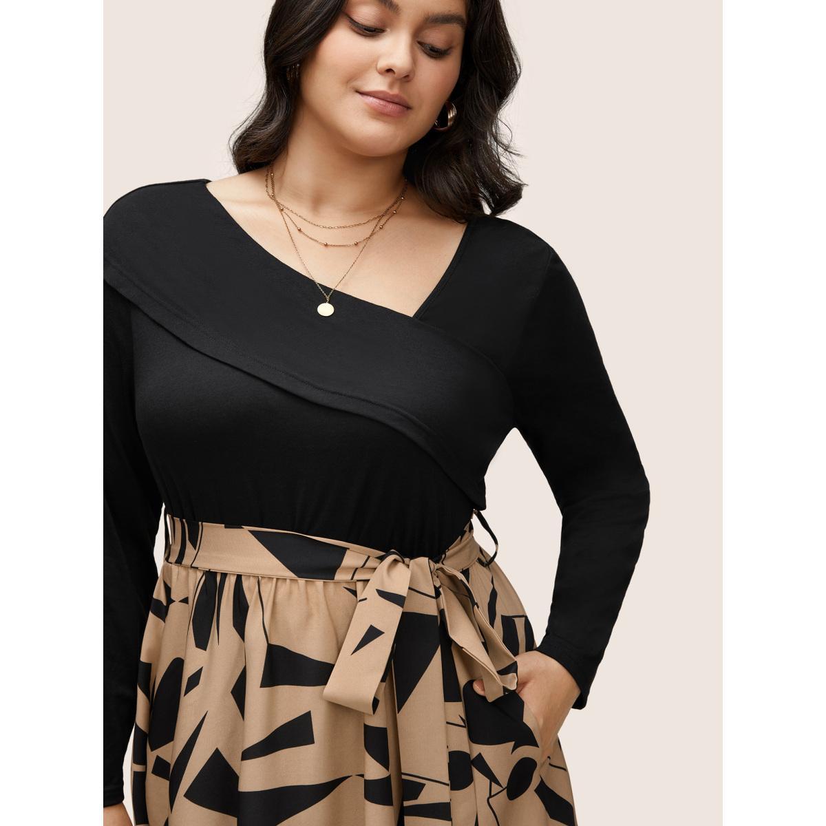 Plus Size Geometric Contrast Patchwork Asymmetrical Neck Belted Dress Black Women At the Office Non Asymmetrical Neck Long Sleeve Curvy Midi Dress BloomChic 14-16/1X Product Image