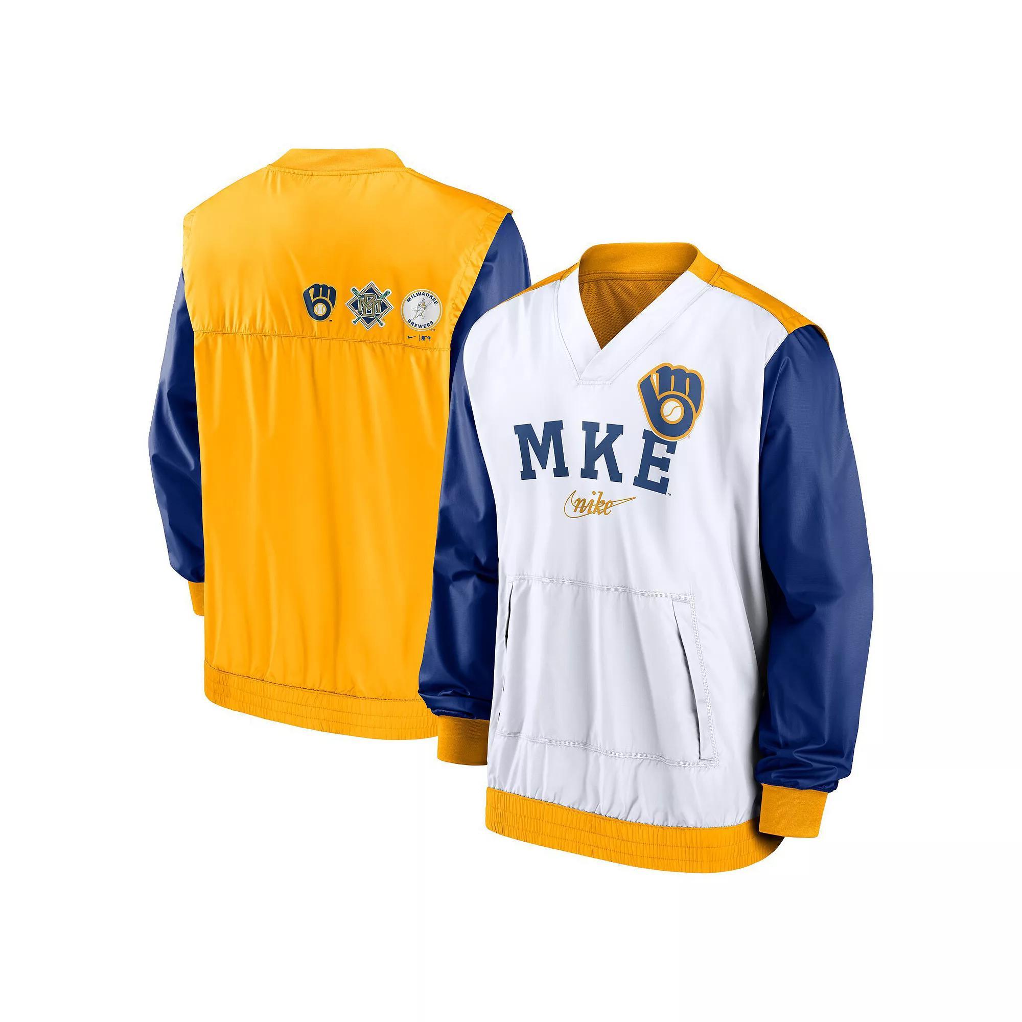 Men's Nike White/Gold Milwaukee Brewers Rewind Warmup V-Neck Pullover Jacket, Size: 2XL Product Image
