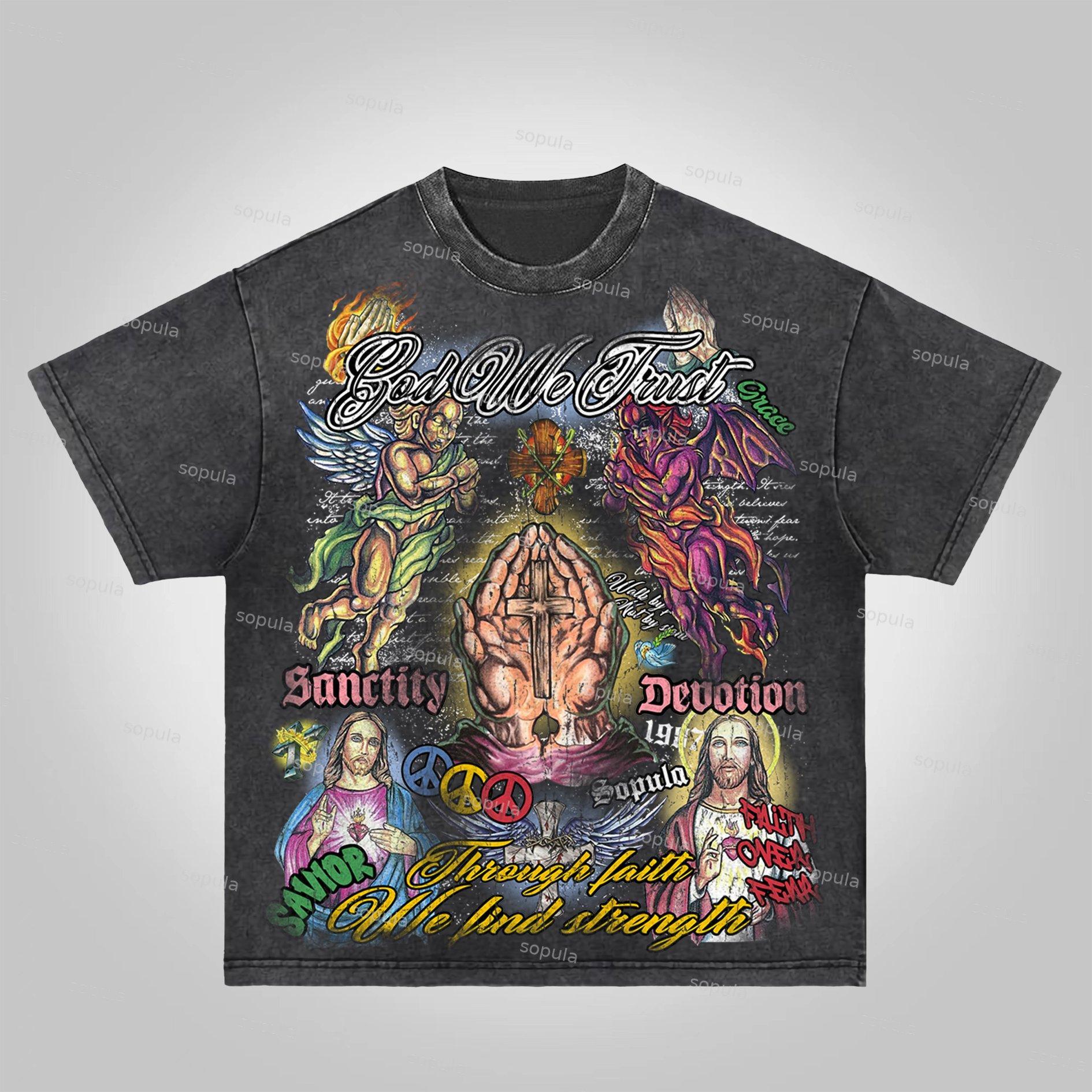 Sopula Faith In Jesus Collage Vintage Graphics Acid Washed T-Shirt Product Image