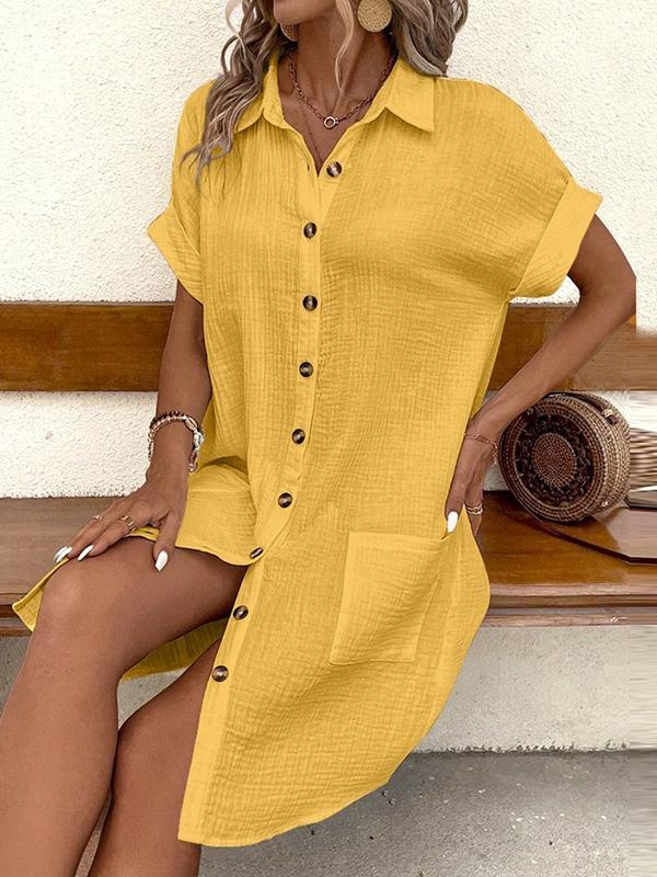 Loose Short Sleeves Buttoned Pockets Lapel Mini Dresses Product Image