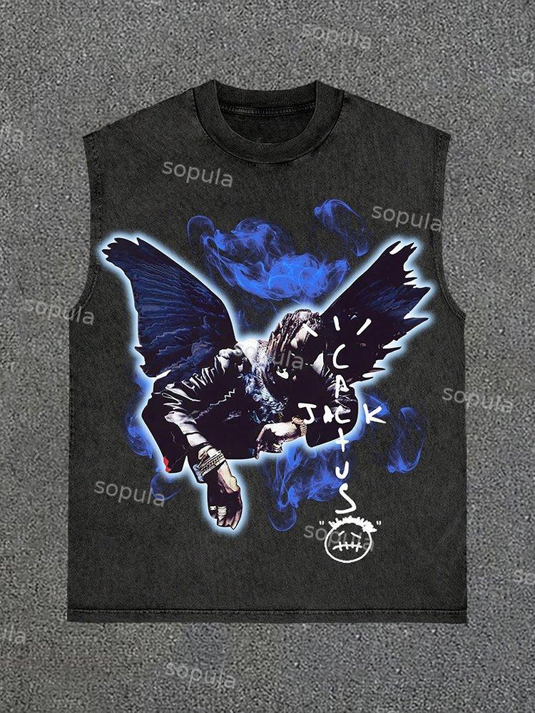 Sopula Travis Scott Portrait Graphic Print Acid Washed Vintage Sleeveless Tank Top Product Image