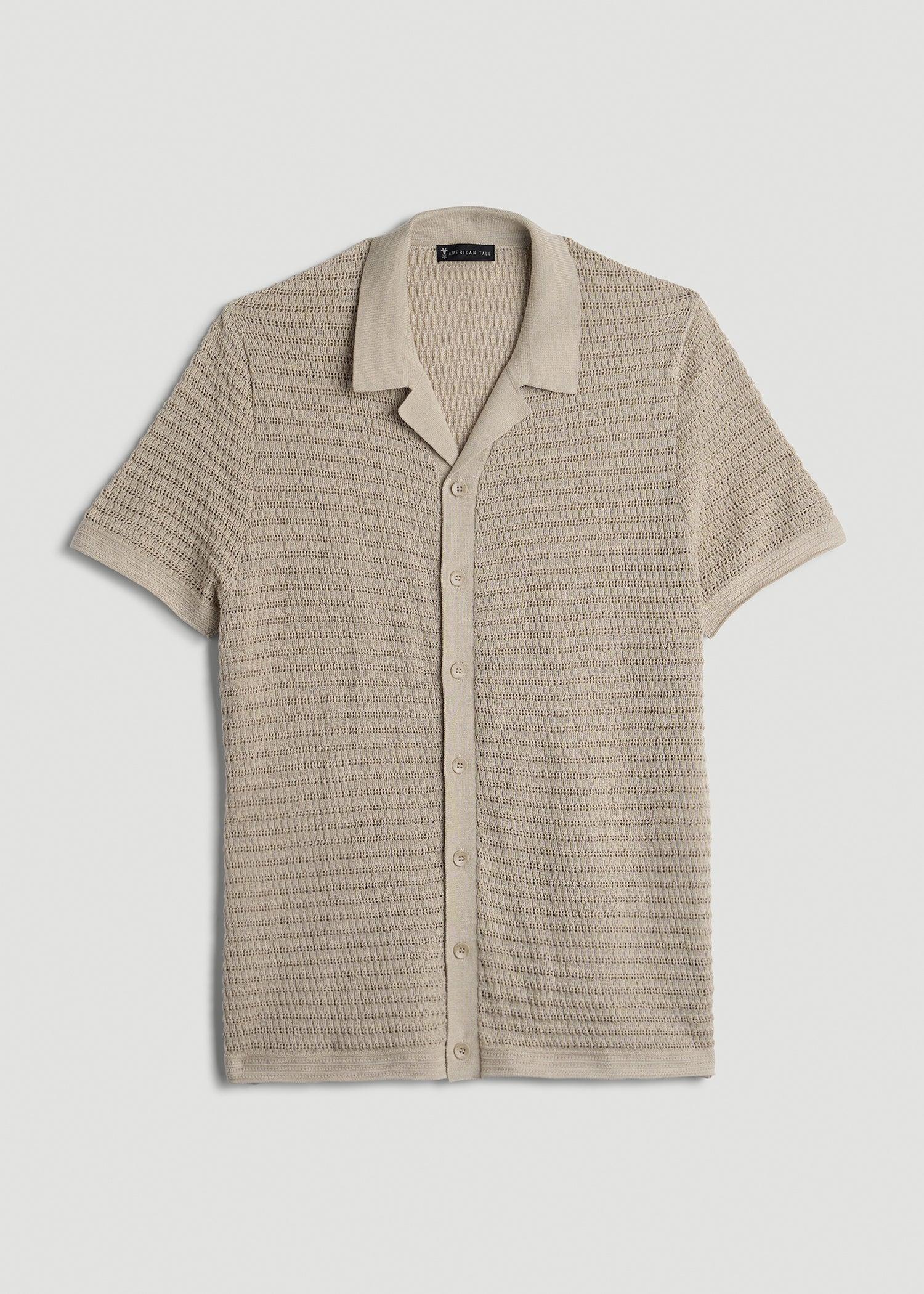 Short Sleeve Crochet Polo Cardigan for Tall Men in Light Khaki Male Product Image