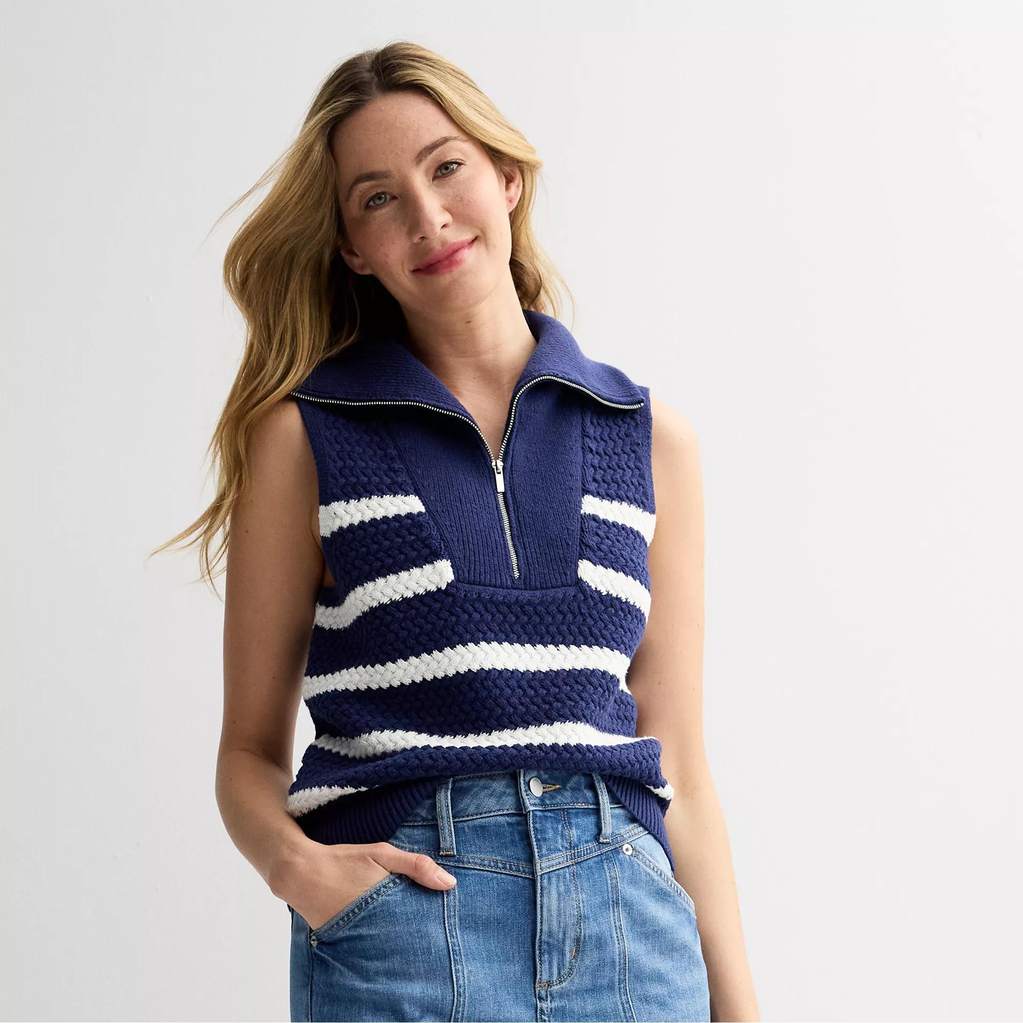 Petite Sonoma Goods For Life® Quarter-Zip Sweater Vest, Women's, Size: XS Petite, Essential Blue Stripe Product Image