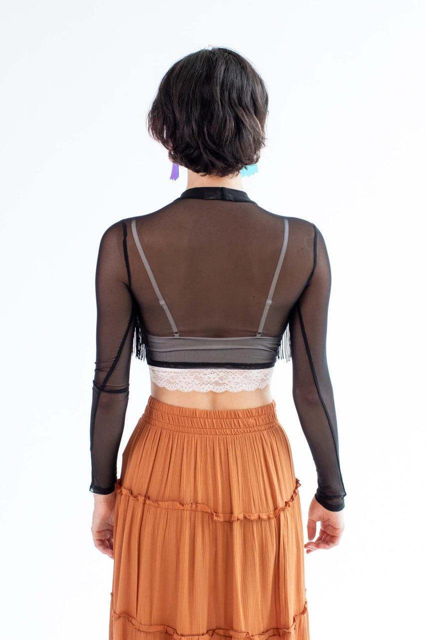 Black Long Sleeve Fringe Trim Mesh Top Product Image