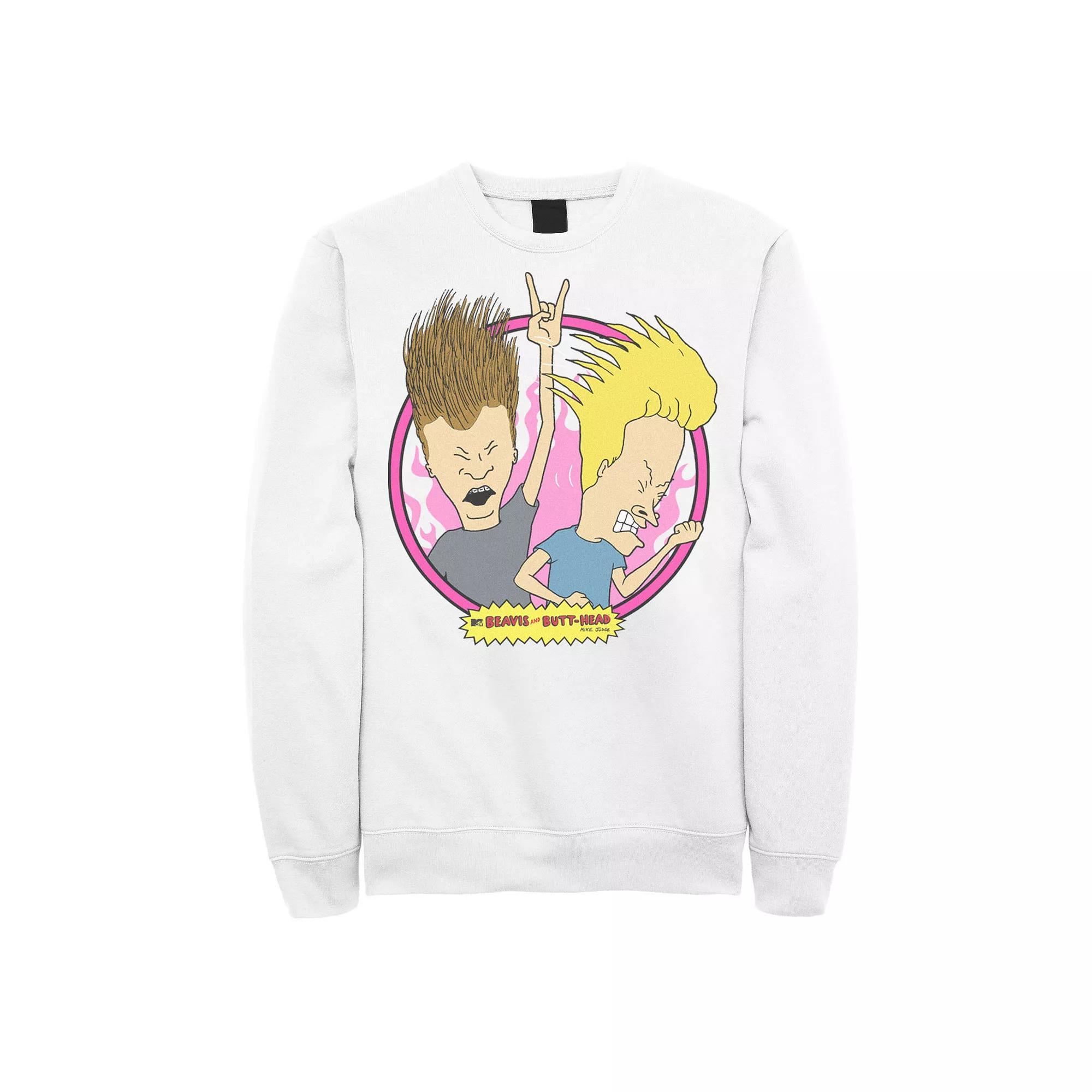 Men's Beavis & Butthead Rock N Roll Circle Portrait Sweatshirt, Size: Medium, White Product Image