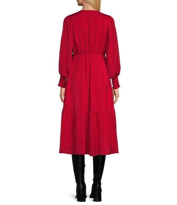 Reba V-Neck Plisse Satin V-Neck Smocked Sleeve Tiered Wrap Dress Product Image