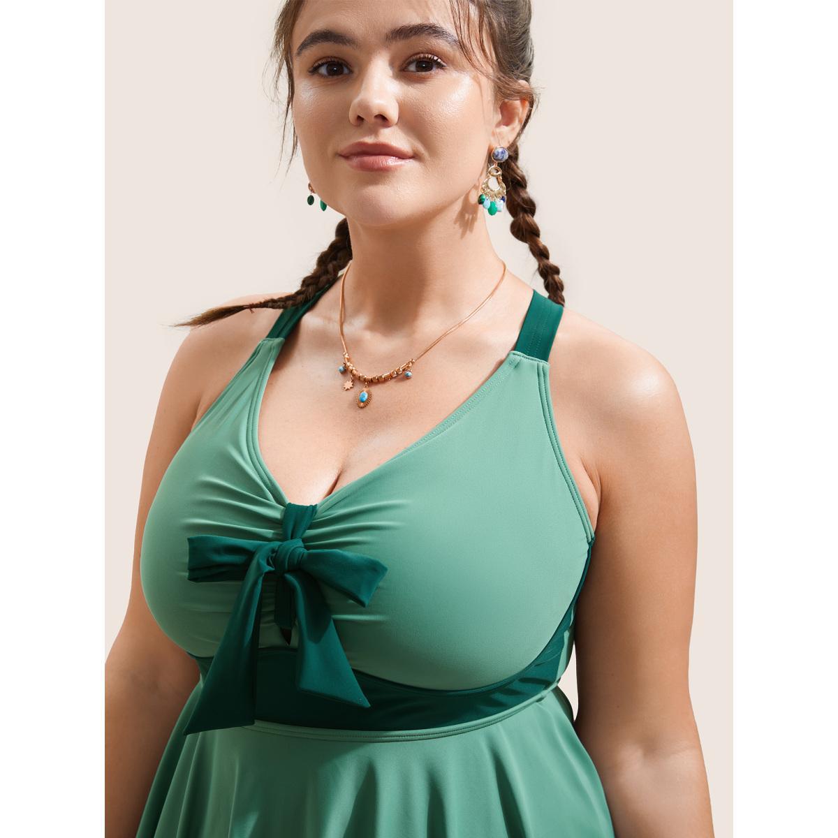 Plus Size Plain Patchwork Bowknot Hanky Hem Swim Dress Women's Swimwear Mint Beach Bodycon V-neck High stretch Curve Swim Dresses BloomChic 10/M Product Image