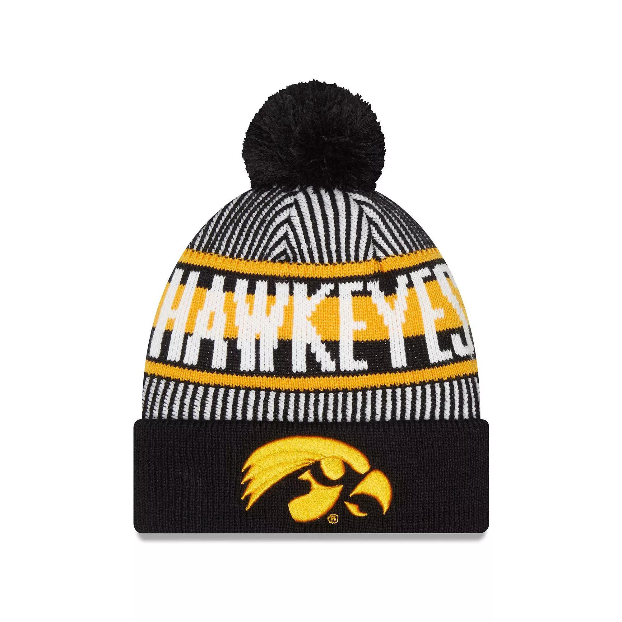 Men's New Era  Black Iowa Hawkeyes Logo Striped Cuff Knit Hat with Pom Product Image