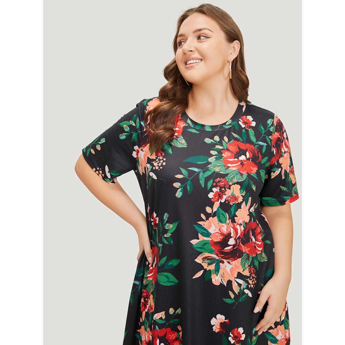 Plus Size Floral Print Pocket Midi Dress Black Women Casual Pocket Round Neck Short sleeve Curvy Midi Dress BloomChic 12/L Product Image