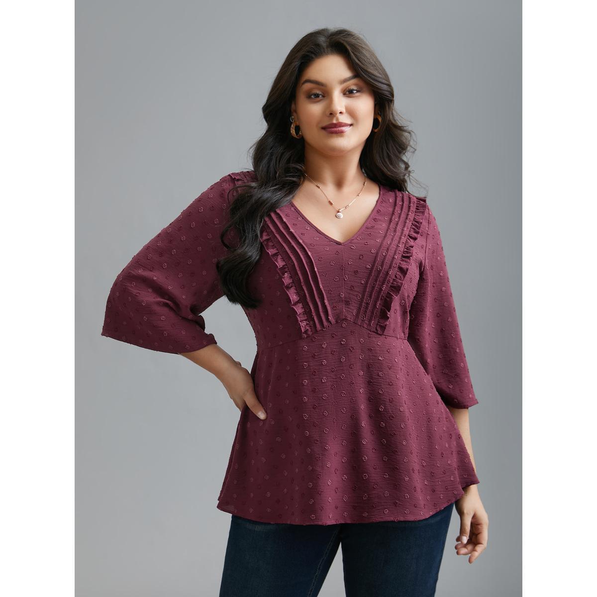 Plus Size Plum Ruffled Pleated Stretchy Waist Flowy Blouse Women Elegant Elbow-length sleeve V-neck Everyday Blouses BloomChic 18-20/2X Product Image