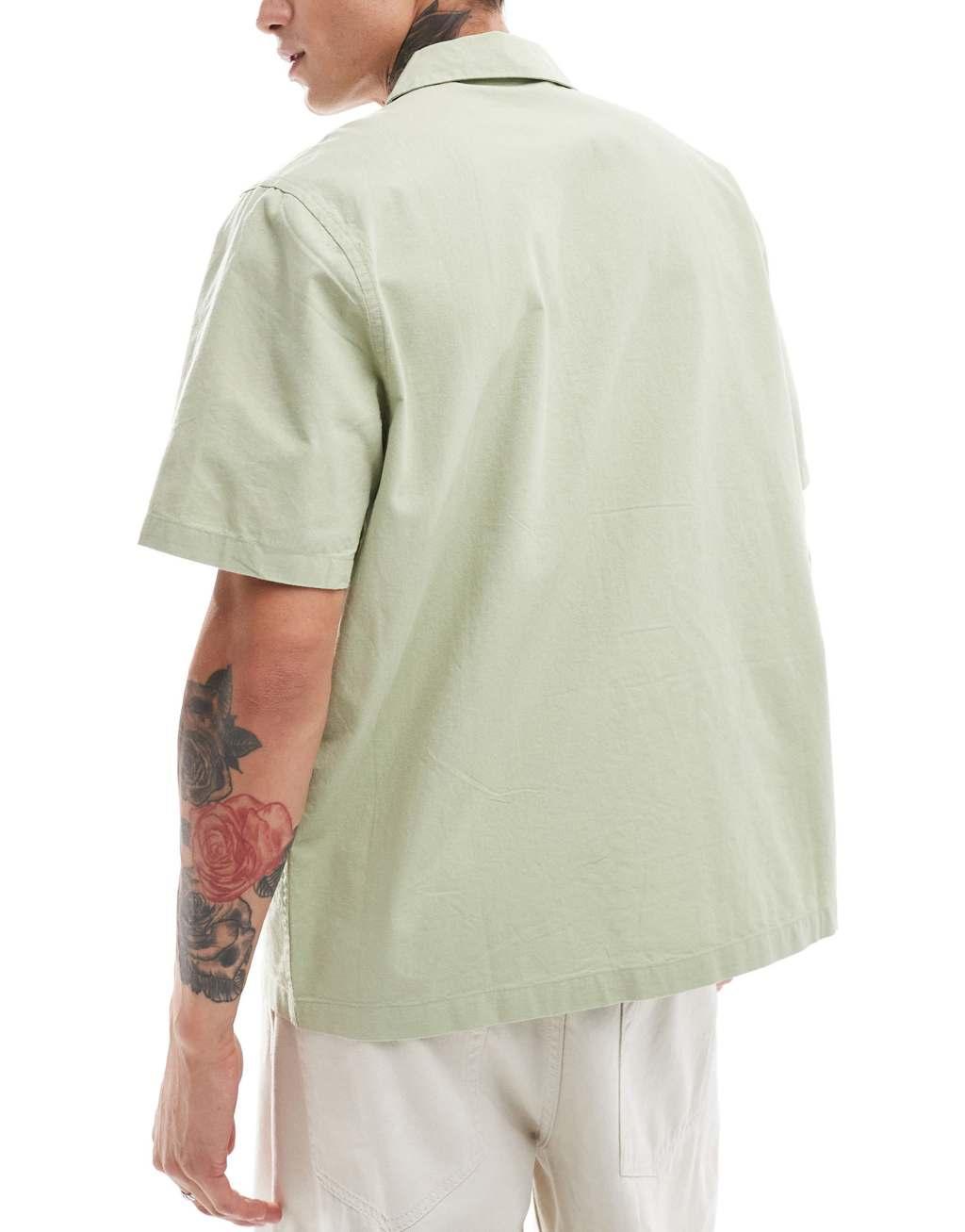 ASOS DESIGN camp collar shirt with chest embroidery in sage green Product Image