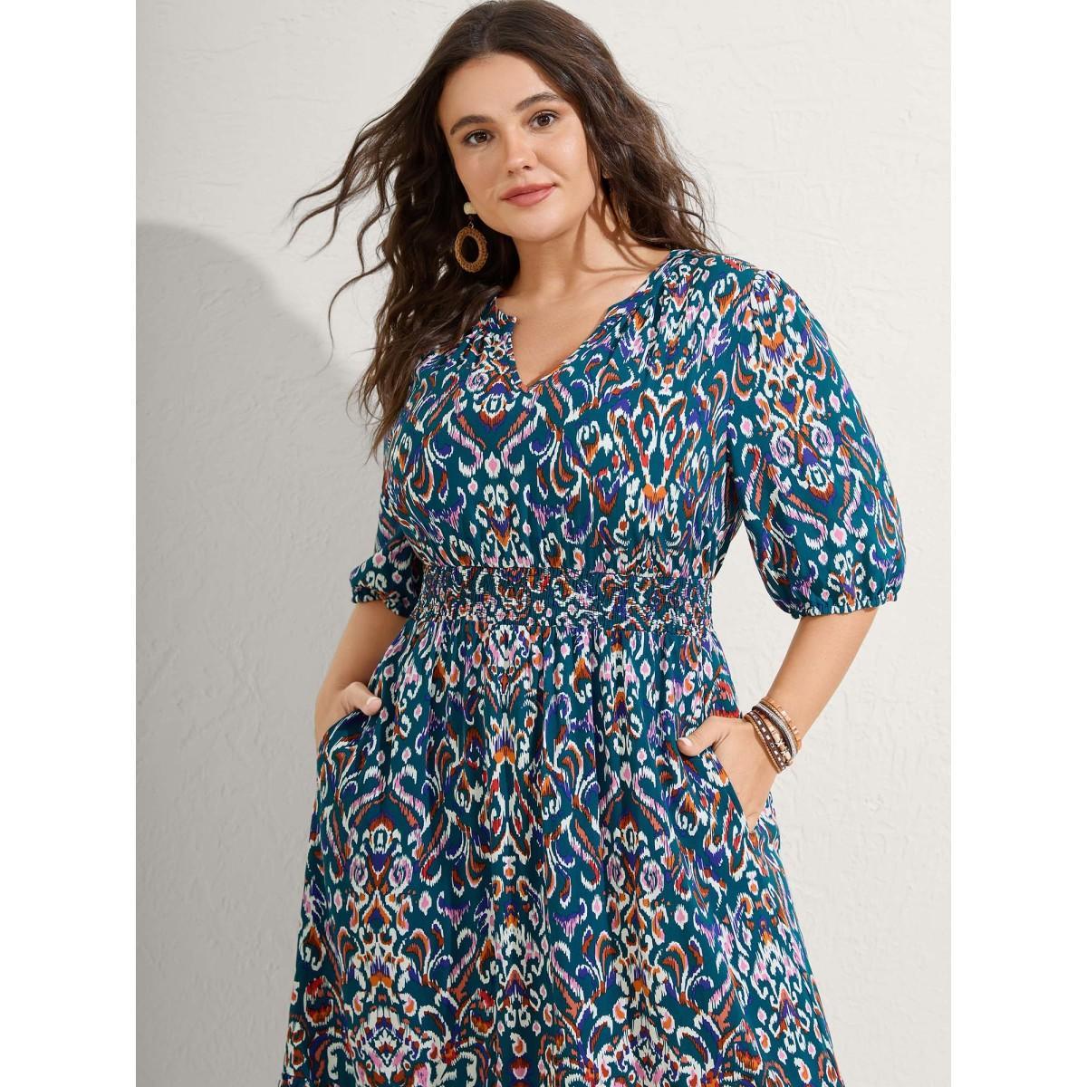 Plus Size Abstract Print Shirred Waist Midi Dress Aegean Women Flat collar with V-notch Half Sleeve Curvy BloomChic 18-20/2X Product Image