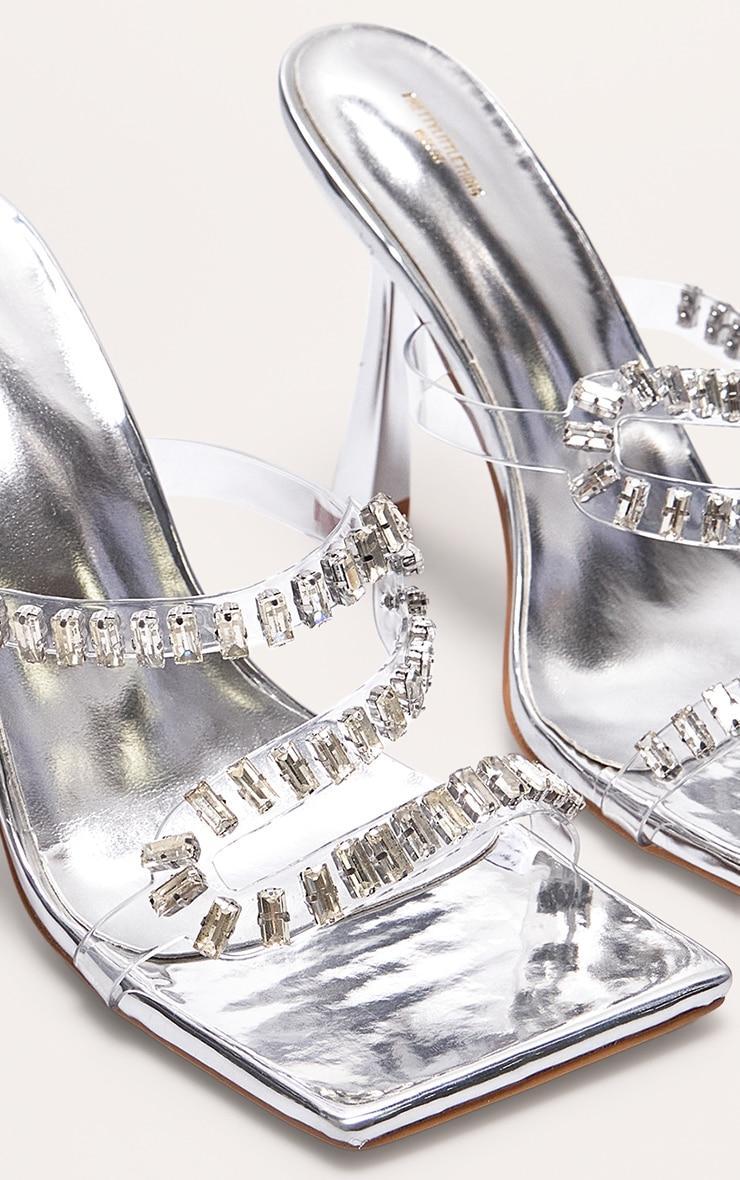Silver PU Wide Fit Metallic Square Toe Diamante Strap Heeled Mules Product Image