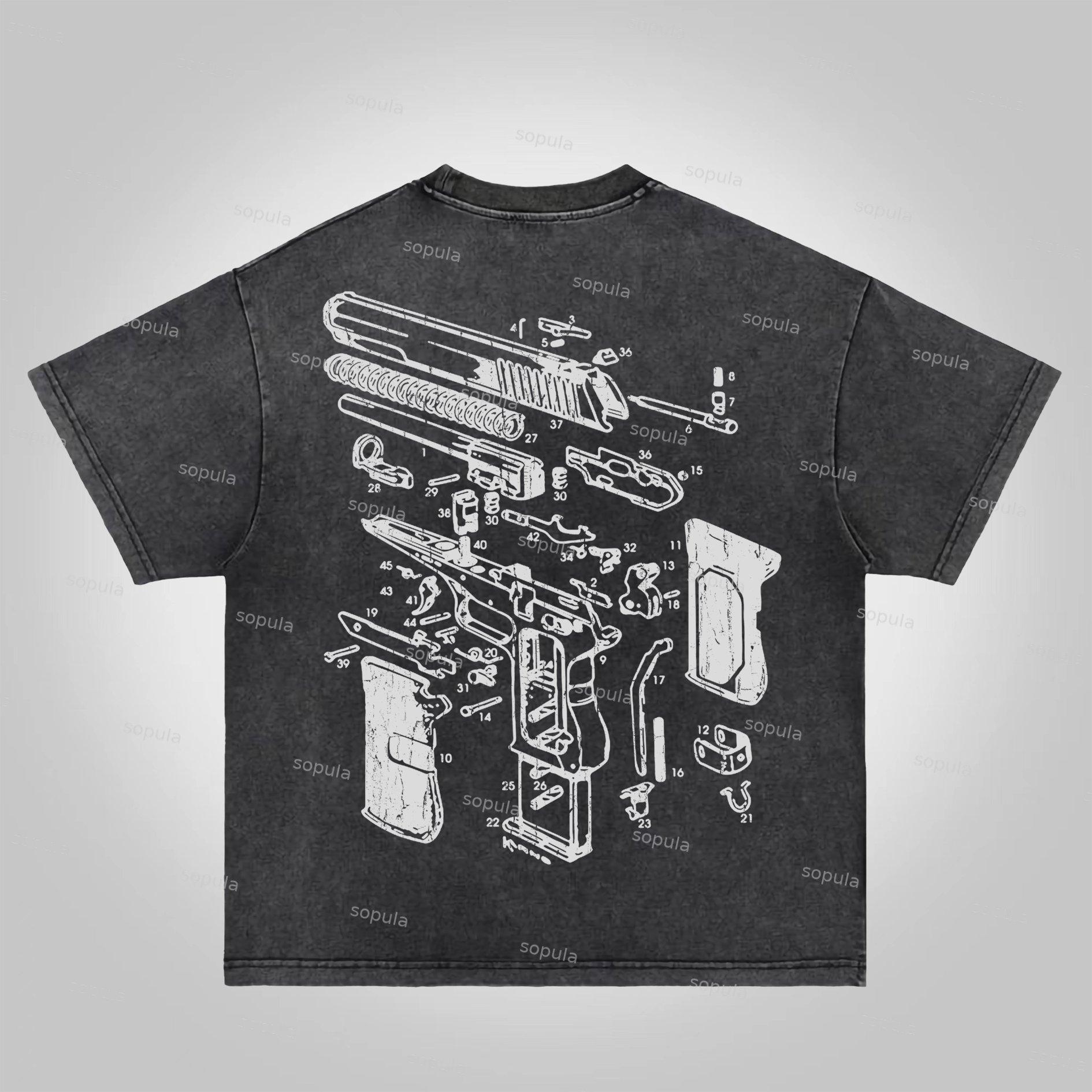 Sopula Love Peace Retro Deconstructed Gun Graphic Acid Wash T-shirt Product Image