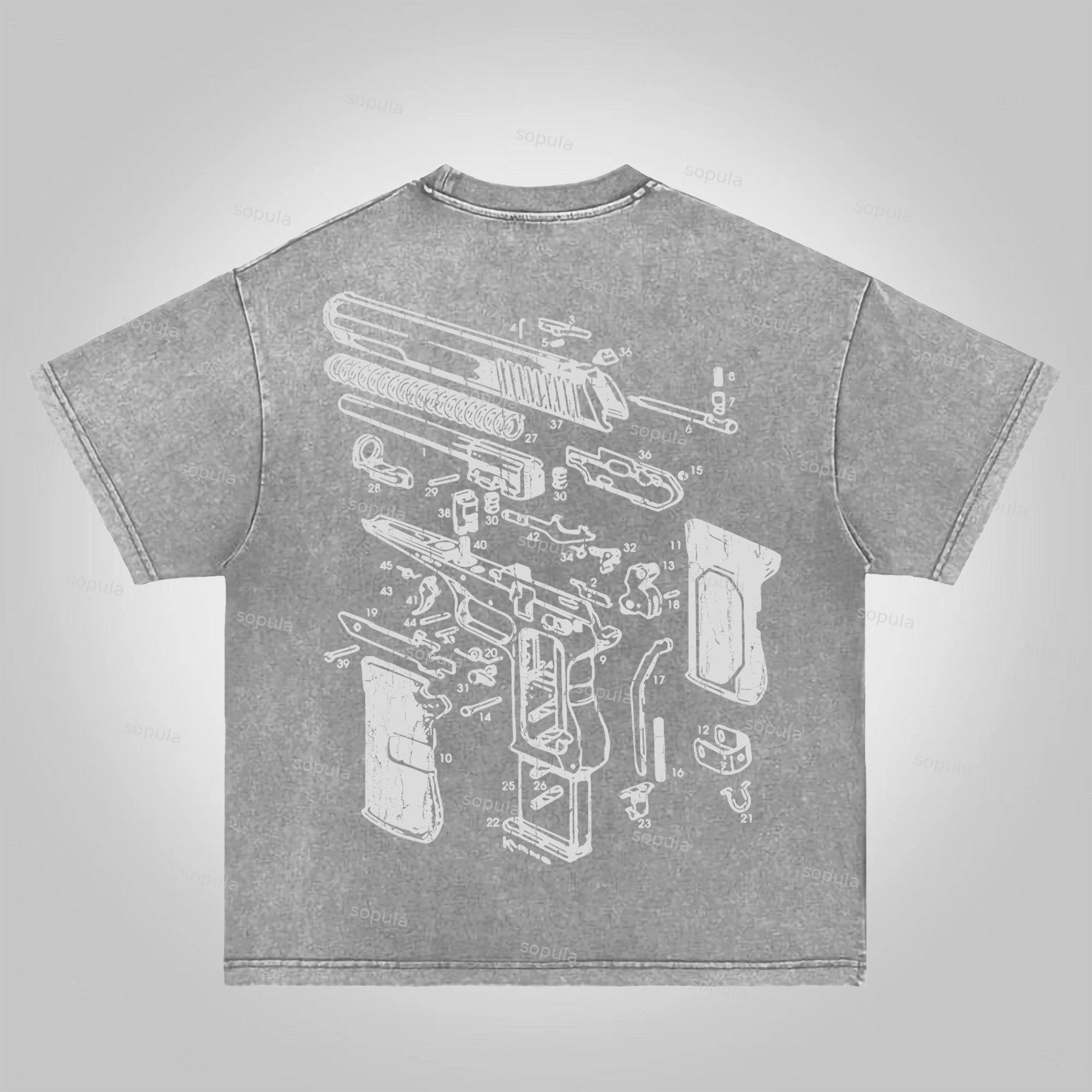 Sopula Love Peace Retro Deconstructed Gun Graphic Acid Wash T-shirt Product Image