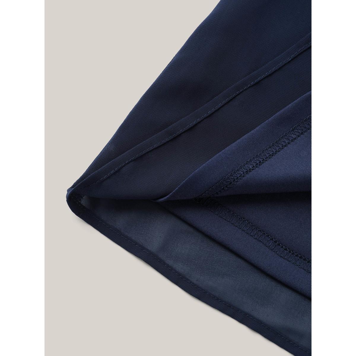 Plus Size Indigo Ribbon Collar Placket Lined Blouse Women At the Office Short sleeve Ribbon-tied collar Work Blouses BloomChic 12/L Product Image