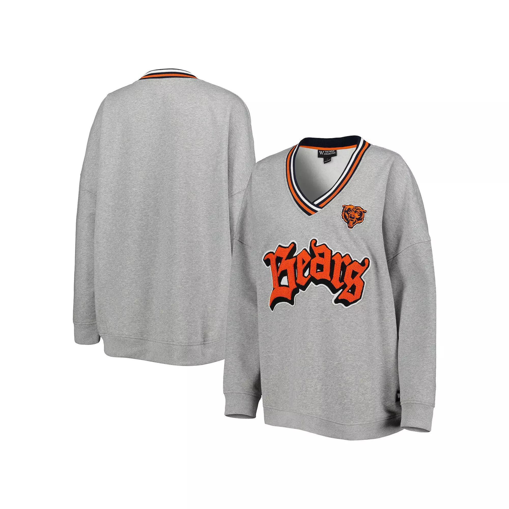 Women's The Wild Collective Heather Gray Chicago Bears Vintage V-Neck Pullover Sweatshirt, Size: Medium, Grey Product Image