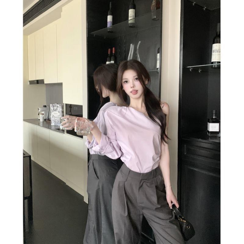 Long-Sleeve One-Shoulder Plain Blouse Product Image