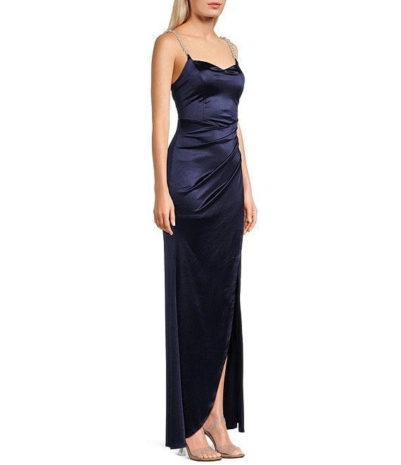 Honey and Rosie Sweetheart Neck Pearl Trim Spaghetti Strap Lace Back Bodice Pleated Envelope Front Gown Product Image
