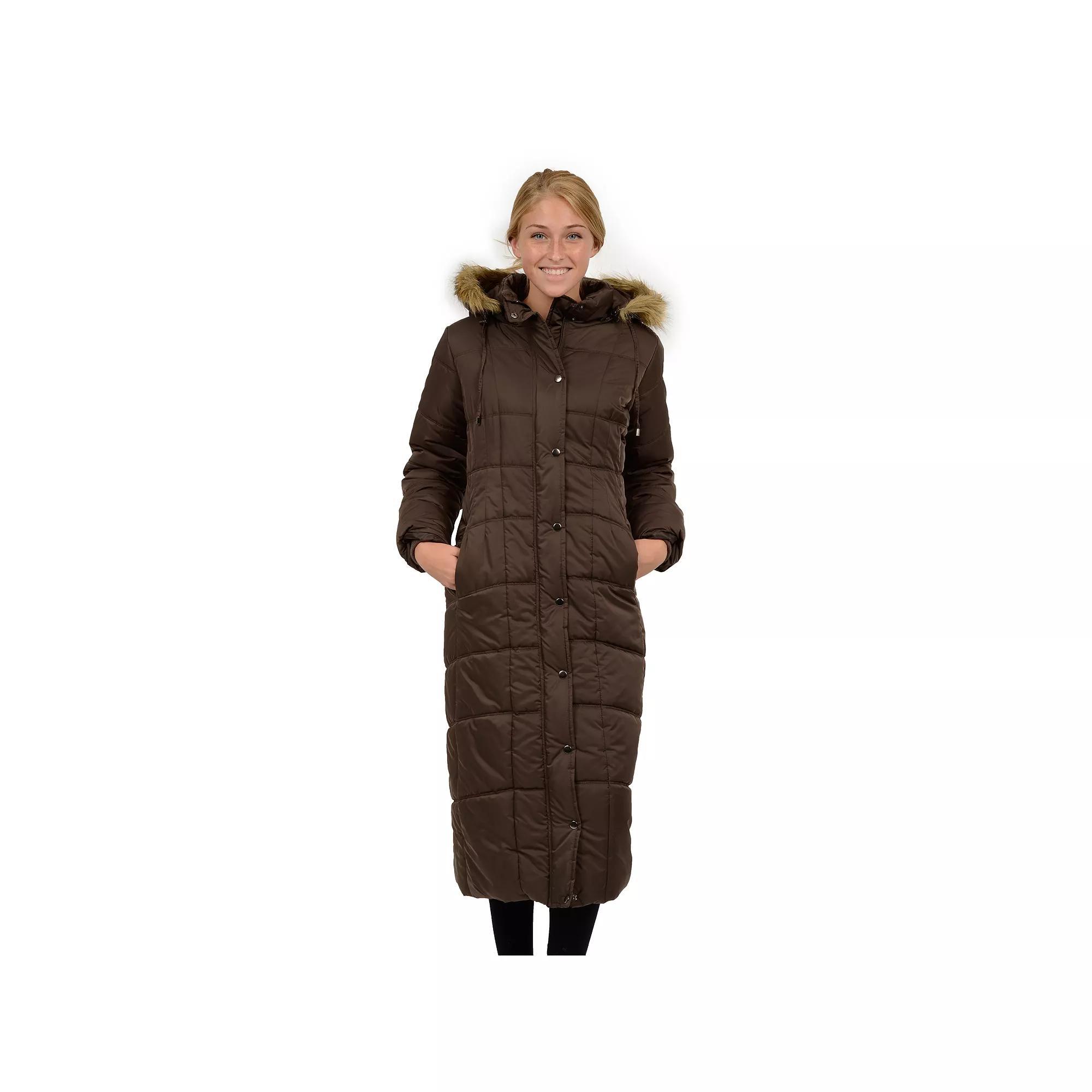 Women's Excelled Hooded Long Puffer Coat, Size: XL, Brown Product Image